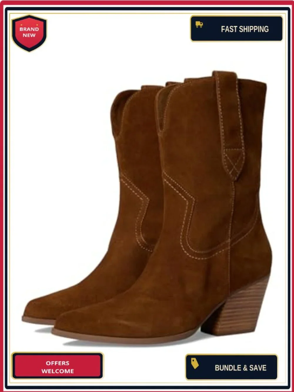 Suede Ankle Booties Pointed Toe Pull-On Western Boots Stacked Heel